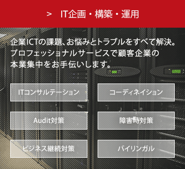 IT企画・構築・運用 最新技術や知識を元に、御社にとって本当に必要な提案をいたします。 ITコンサルテーション コーディネイション Audit対策 障害時対策 ビジネス継続対策 バイリンガル